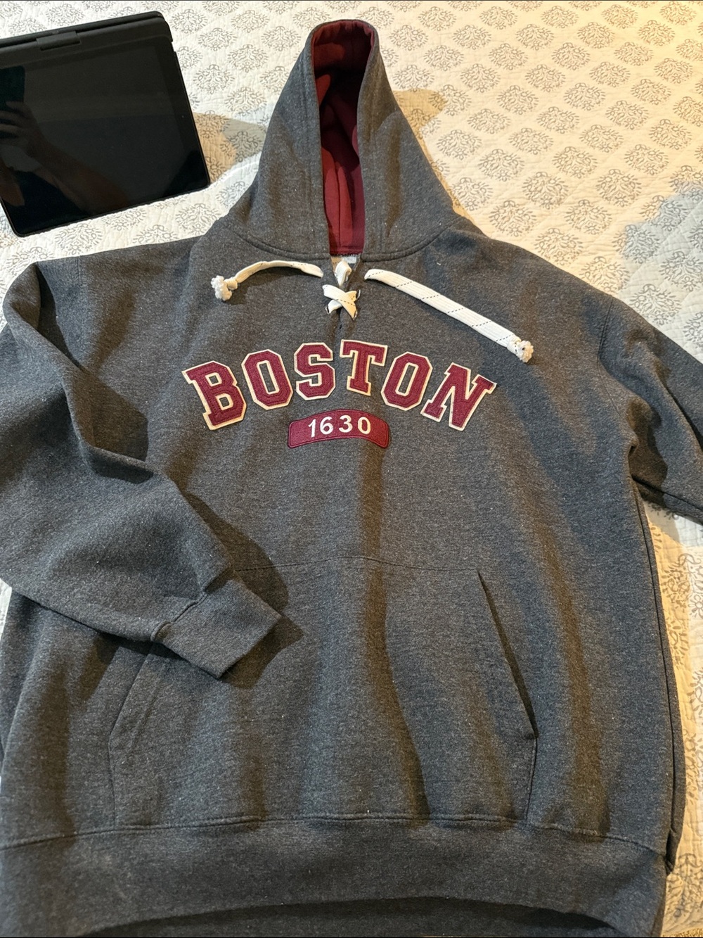Boston 1630 Gray Pullover Hoodie with Maroon Trim